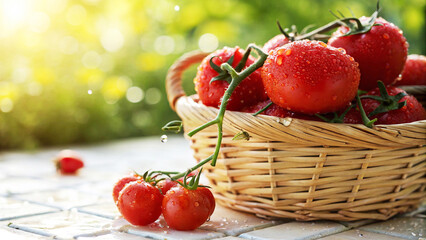Tomatoes in wicker basket with water drop in front view and some tomatoes on table in natural sunny day background