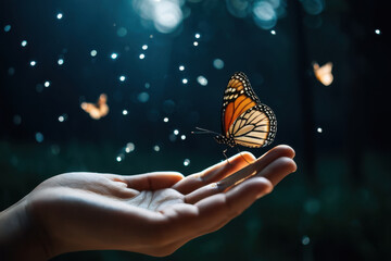 Close-up of a person holding a delicate butterfly in their hand, highlighting the beauty and fragility of nature