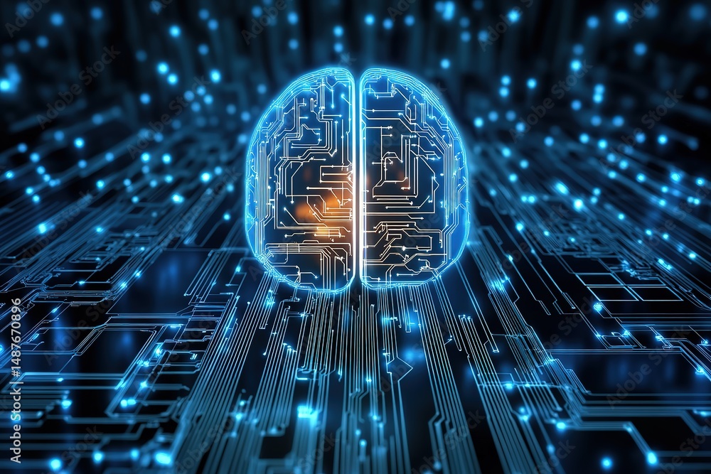 Poster digital brain with circuit board pattern on a blue glowing background