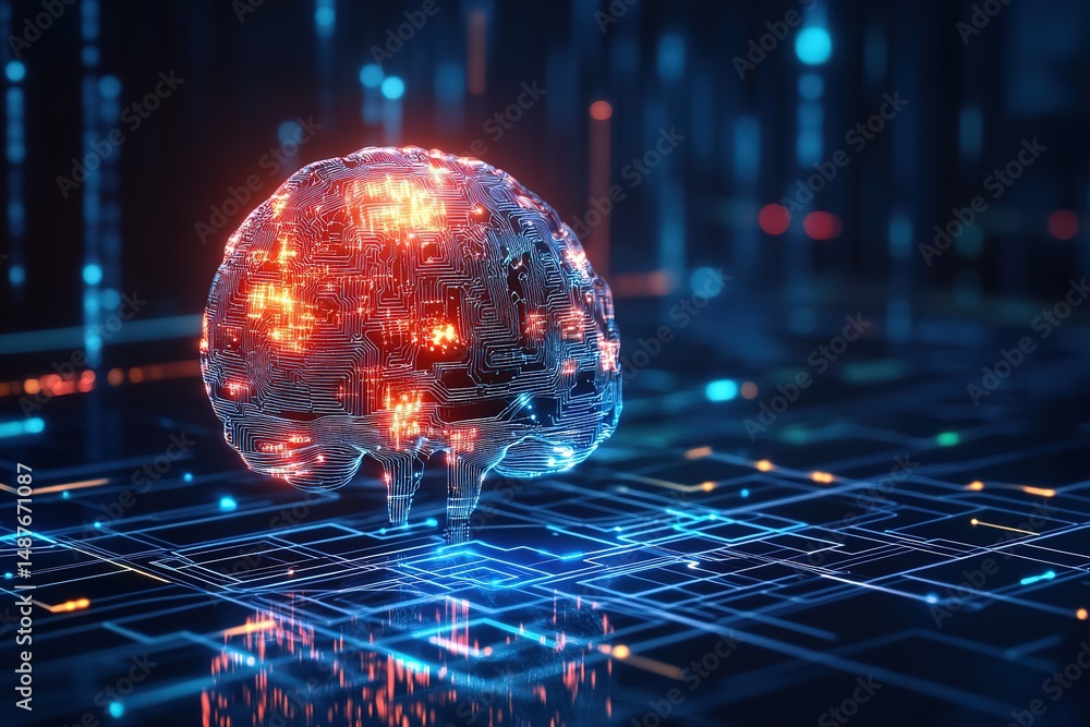 Aufkleber digital brain with glowing circuits on a futuristic background