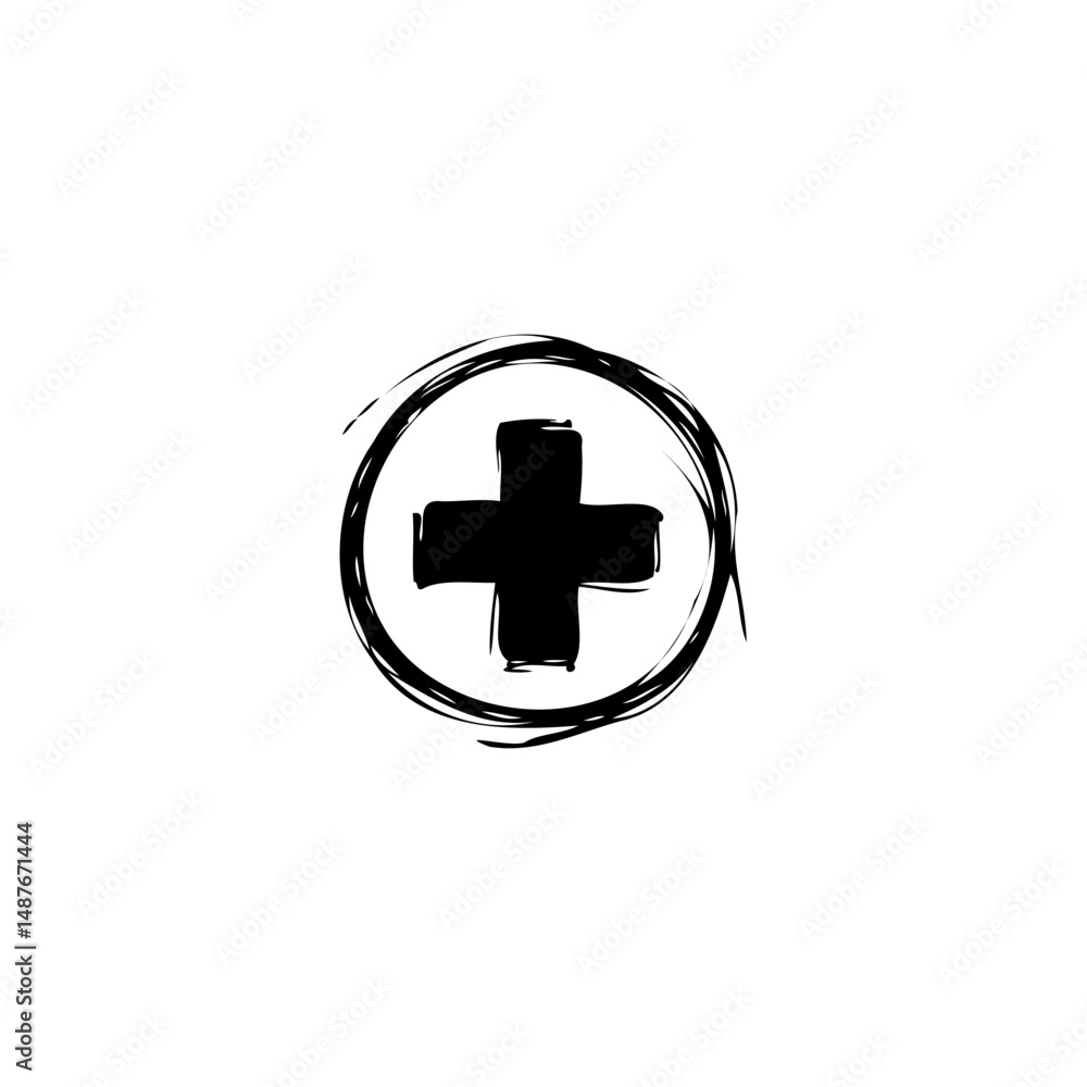 Poster grunge plus sign within a loosely drawn circle creating a textured effect