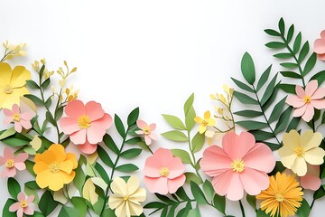 Obraz premium Paper Flower Arrangement, Yellow, Pink, Green Papercraft Blooms, Leaves, Flat Lay Design