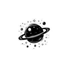 Monochrome depiction showcasing a planet with a ring system surrounded by celestial bodies © LgsDesign