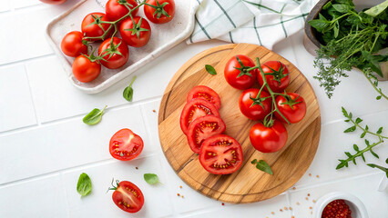 Tomatoes and tomatoes slice on cutting board on table in kitchen, Tomatoes slice on board in kitchen room