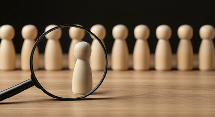 wooden figures,  peg dolls,  magnifying glass, Magnifying Glass Focusing on One Wooden Figure in a Row