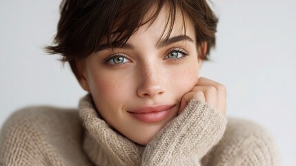 Fresh-Faced Woman with Short Brown Hair and Natural Makeup