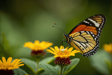 Obraz premium A delicate butterfly perches on the petals of a bright yellow flower