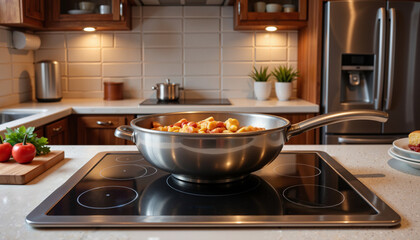 Stainless steel pot cooking vegetables on energy-efficient induction cooktop  