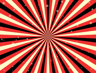 Retro carnival circus background featuring bold red and beige radial stripes with scattered stars Ideal for vintage posters event flyers party invitations circus themes and festive designs