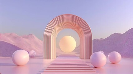 Modern archway and abstract landscape create a dreamlike atmosphere in this serene setting - Powered by Adobe