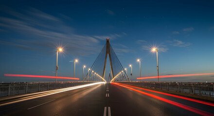 Fototapeta premium bridge, cable-stayed bridge, night, Night Traffic on Cable-Stayed Bridge