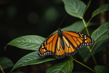 Fototapeta premium A monarch butterfly perched on a green leaf, ready for flight