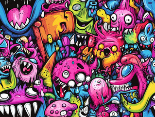 Fototapeta premium Colorful cartoon monsters in a playful and energetic doodle background
