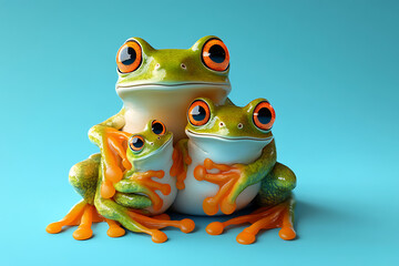 A vibrant trio of colorful frogs sitting together against a bright blue background, showcasing their unique features and playful interaction