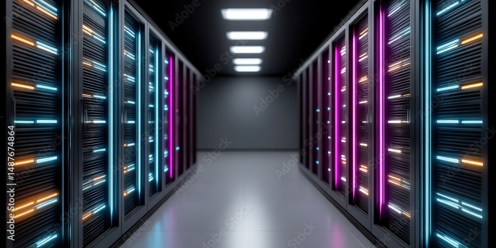 Poster modern data center corridor showcasing illuminated server racks with vibrant lighting in a sleek des