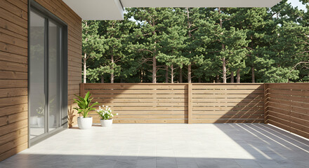 Fototapeta premium balcony, modern, wooden fence, Modern Balcony with Wooden Fence and Forest View