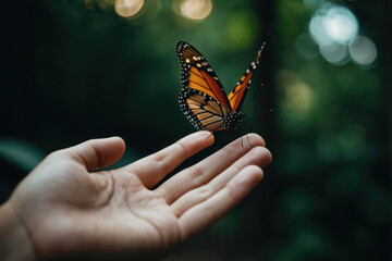 A person gently grasping a butterfly in their hand