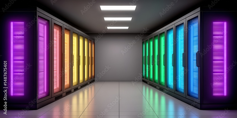 Aufkleber modern data center featuring vibrant illuminated server racks in a sleek corridor with reflective fl