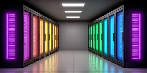 Modern data center featuring vibrant illuminated server racks in a sleek corridor with reflective flooring creating a futuristic tech environment showcasing neon colors and innovative design