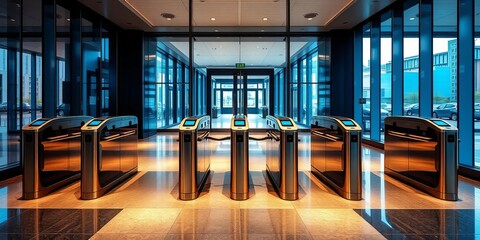 Sleek metallic turnstiles with card readers in a modern glass and polished floor corporate building entrance,  business,  security system