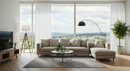Fototapeta premium modern, living room, apartment, Modern Living Room with Panoramic City View