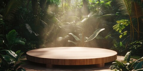 Jungle setting with circular wooden platform.
