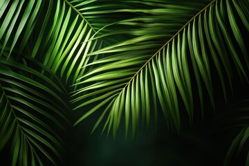 Lush Green Palm Fronds on Dark Background Tropical Leaf Texture