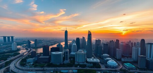 Singapore sunset aerial, financial district skyline vista,   drone, view