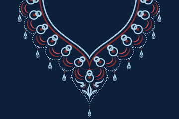 Elegant ethnic collar design with ornamental embroidery style in midnight blue, powder blue, and crimson red. Perfect for kurta neckline, hijab, abaya, kaftan, or textile embellishment