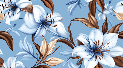 Seamless pattern of blue and white lilies with brown leaves on blue background