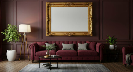 living room,  interior,  design, Elegant Living Room Interior with Mockup Frame