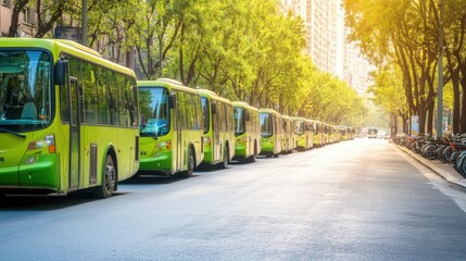 Obraz premium A line of light-green buses parked on a tree-lined city street, bathed in sunlight