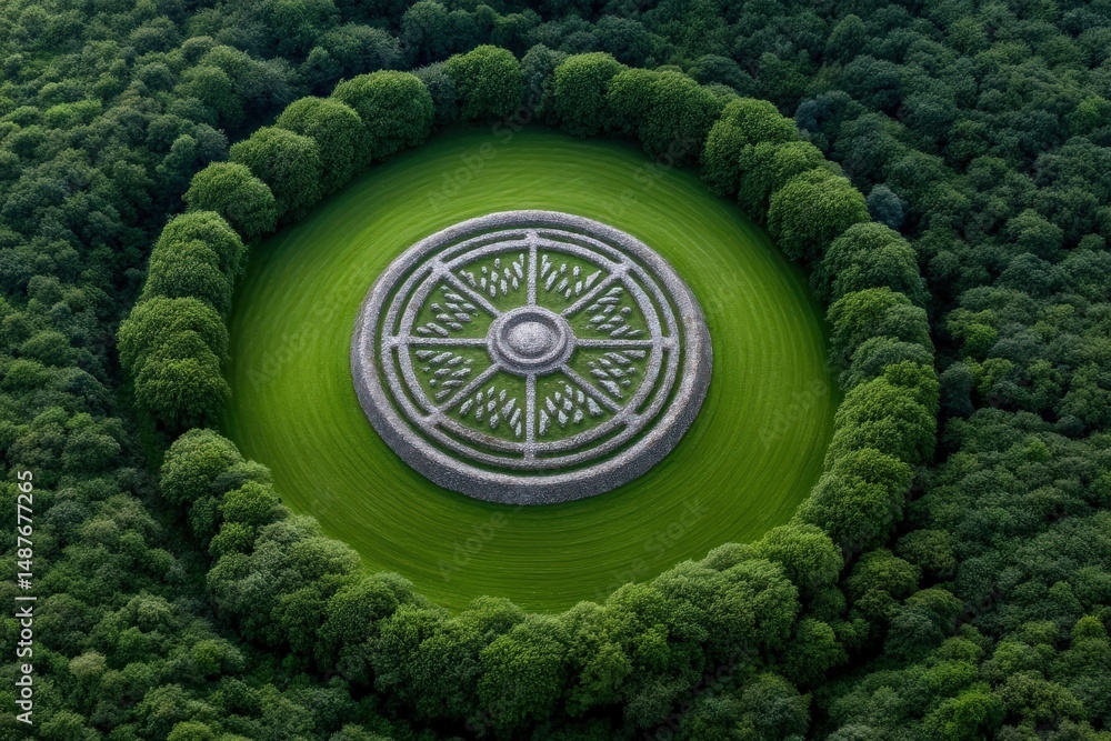 Aufkleber aerial view of a unique circular stone structure in green surroundings showcasing intricate patterns