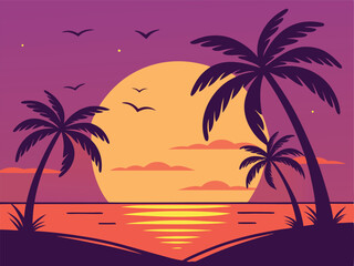 Illustration of a tropical beach scene with palm trees and a sunset in purple and orange hues