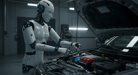 robot,  android,  humanoid, Robot Mechanic Repairing Car Engine