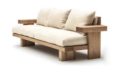 Beige fabric and wooden minimalist sofa with pillows. Interior design concept. Isolated object on white background.