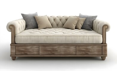 Naklejka premium Beige leather sofa with wooden base decorated with pillows. Interior design concept. Isolated object on white background.