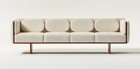 Beige fabric long four-seater minimalist sofa. Interior design concept. Isolated object on white background.