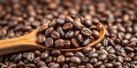 Fototapeta premium Roasted coffee beans on wooden spoon, nestled in coffee bean bed, rustic, roasted