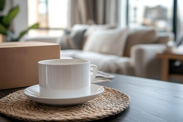 Fototapeta premium White cup and saucer on table in living room with moving box