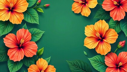 Fototapeta premium Bold tropical hibiscus pattern, vibrant orange and green, design, tropical flowers, background