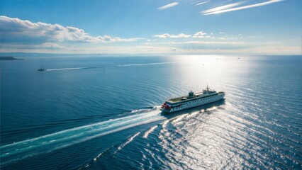 Obraz premium Aerial ferry in the sea on a sunny day, blue water isolated