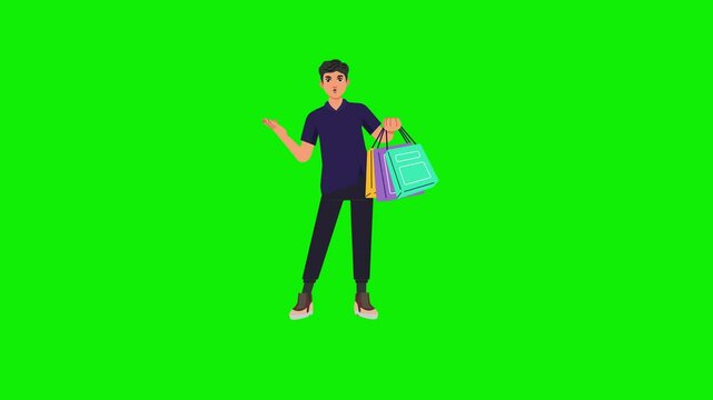 2d animation salesman left hand shopping bag animation 4k green screen