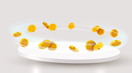 Cylinder podium with flying coins on white background.