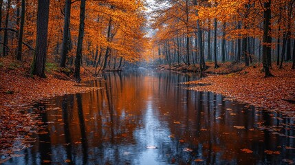 Autumnal forest river reflects vibrant foliage