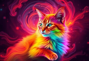Rainbow cat, abstract swirling nebula, fluorescent red accents, calming vibes,  colorful,  design