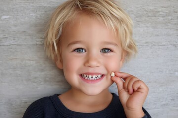 Blond boy showing his fallen milk tooth and smiling at home