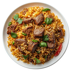 Delicious Beef biryani with spices in plate top view. Mutton biryani top view isolated on white background. biryani plate png.