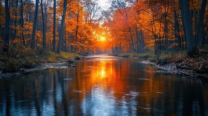 Autumn sun sets over a tranquil stream in a forest