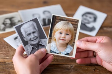 Hands holding old photos of grandfather and granddaughter, family memories and genealogy research